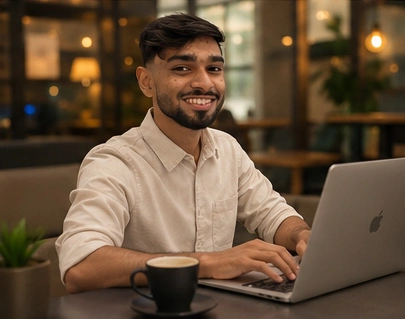 Ahmedul Kabir, freelance digital marketer in Abu Dhabi, working on a laptop