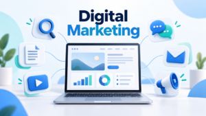 Digital marketing illustration showing SEO, content, social media, email, advertising, and video channels.